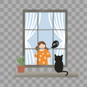 窗户小女孩和黑猫的对话图片素材免费下载