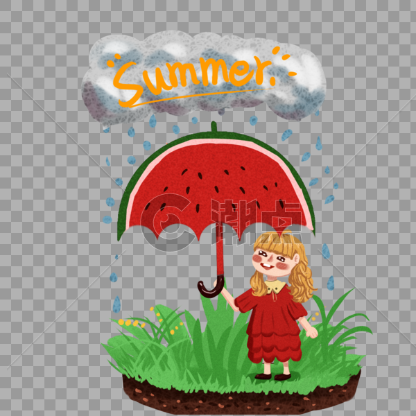 动漫厚涂小暑summer西瓜伞的女孩清新插画PNG图片素材免费下载