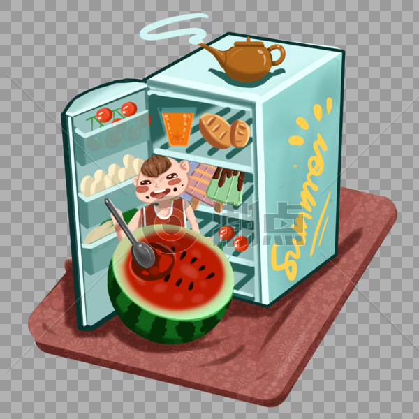 动漫厚涂小暑summer冰箱前吃西瓜的男孩子清新插画PNG图片素材免费下载