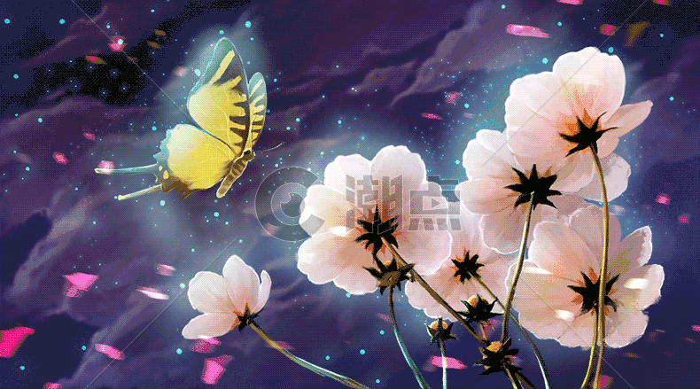 夜空下在花丛飞舞的蝴蝶插画gif动图图片素材免费下载