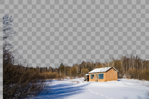 牡丹江雪乡的冬天白桦树下的雪地和红砖小屋图片素材免费下载