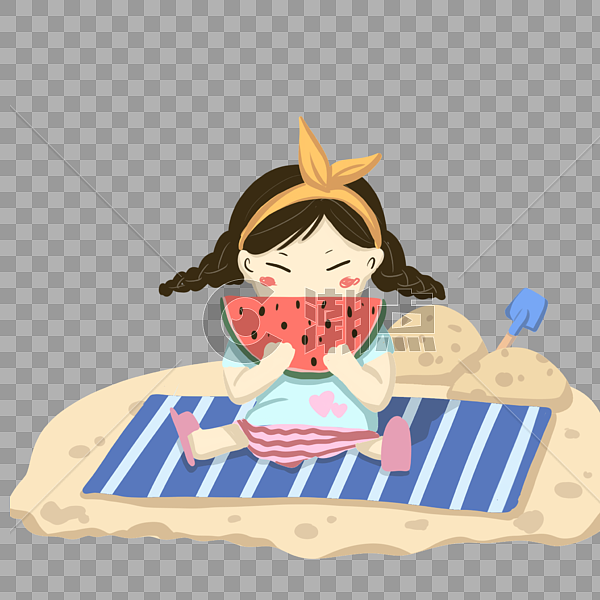卡通手绘女孩沙滩开心吃西瓜图片素材免费下载