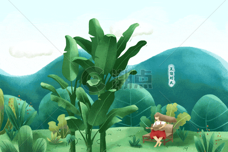 夏日时光-芭蕉树下弹琴的女孩 gif动图图片素材免费下载