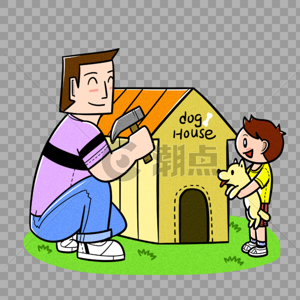 父亲节爸爸和儿子给小狗做小屋图片素材免费下载