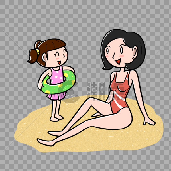 夏天母女在海滩玩耍图片素材免费下载