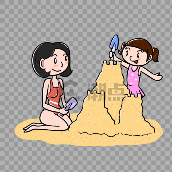 夏天母女在沙滩堆沙堡图片素材免费下载