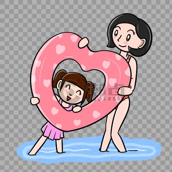 夏天母女在海边玩爱心游泳圈图片素材免费下载