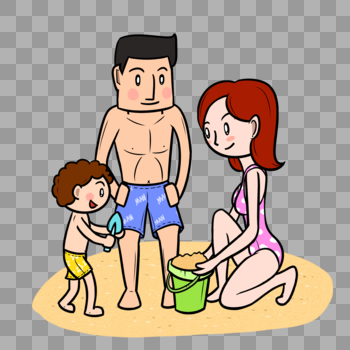 夏季海滩全家人玩沙堆图片素材免费下载