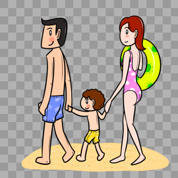 夏季全家人手拉手在沙滩散步图片素材免费下载