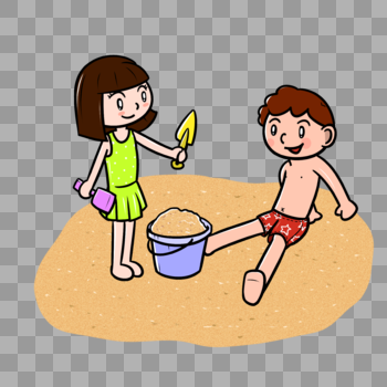 夏天小男孩和小女孩沙滩玩沙堆图片素材免费下载