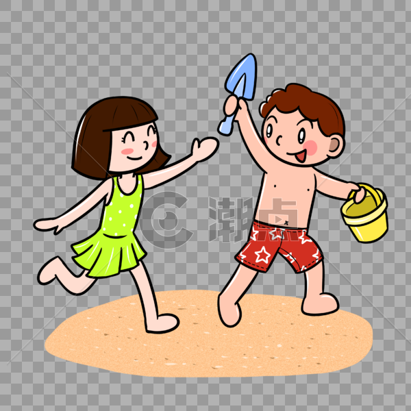 夏天小男孩和小女孩沙滩追闹图片素材免费下载