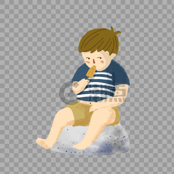 坐在石头上吃雪糕的男孩图片素材免费下载