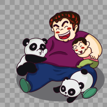卡通男人抱着儿子和熊猫图片素材免费下载