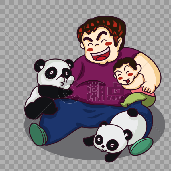 卡通男人抱着儿子和熊猫图片素材免费下载