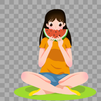 卡通穿着短袖的女孩盘腿吃西瓜图片素材免费下载
