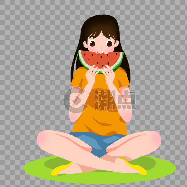 卡通穿着短袖的女孩盘腿吃西瓜图片素材免费下载