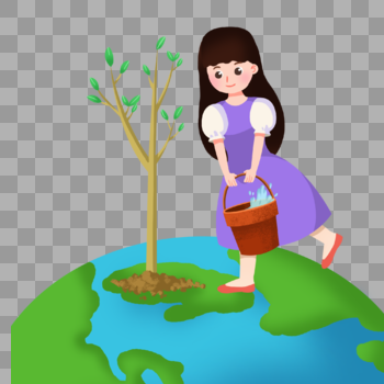 卡通女孩在地球上浇树图片素材免费下载