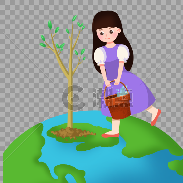 卡通女孩在地球上浇树图片素材免费下载