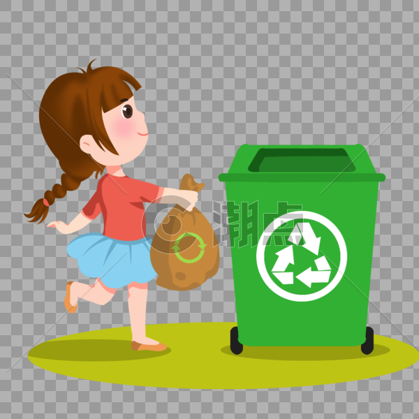 卡通女孩把垃圾放垃圾箱图片素材免费下载