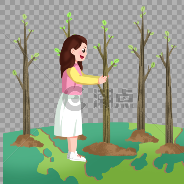 卡通女孩爱护树木插图图片素材免费下载