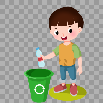 卡通男孩把瓶子放垃圾桶图片素材免费下载