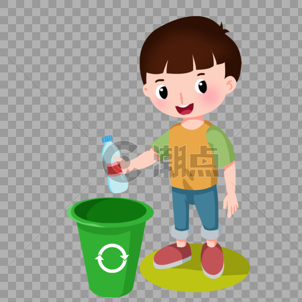 卡通男孩把瓶子放垃圾桶图片素材免费下载