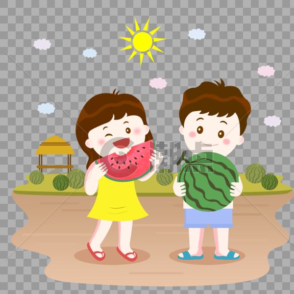 夏季吃西瓜手绘插画图片素材免费下载