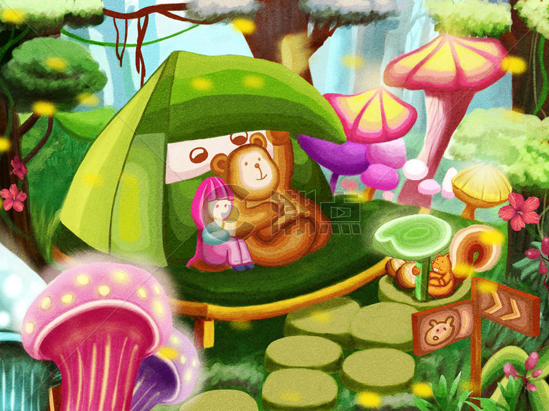 夏季森林女孩小熊乘凉避暑图片素材免费下载