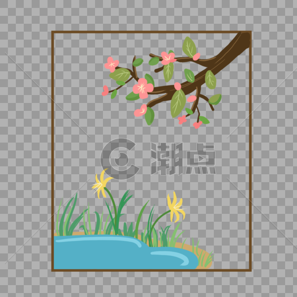 树枝花朵水池边框图片素材免费下载