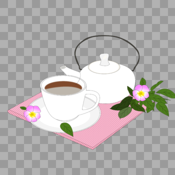 卡通手绘白色茶壶粉色餐垫花朵绿叶图片素材免费下载