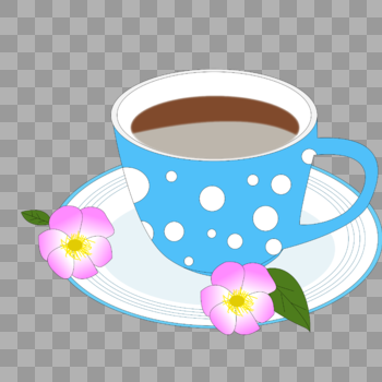 卡通手绘蓝色白点咖啡杯粉色花朵装饰图片素材免费下载