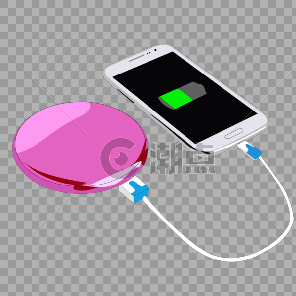 卡通手绘白色智能手机粉色圆形充电宝图片素材免费下载