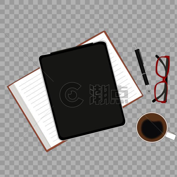 卡通手绘办公用品IPAD笔记本眼镜笔咖啡图片素材免费下载