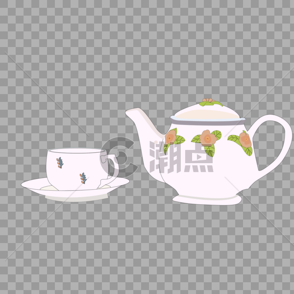 卡通手绘陶瓷茶壶茶杯花朵绿叶装饰图片素材免费下载