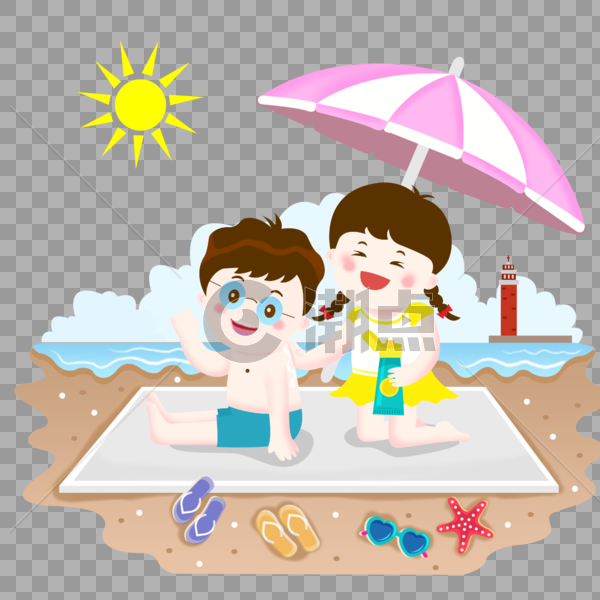 夏季海滩涂防晒霜儿童插画图片素材免费下载