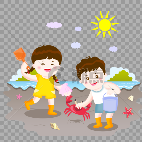 夏季海滩边抓螃蟹儿童插画图片素材免费下载