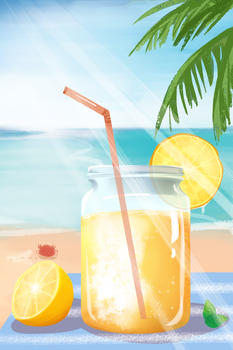 夏天海边果汁插画图片素材免费下载