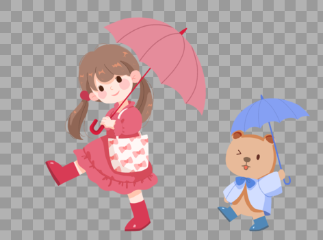 雨季撑伞的女孩和小熊图片素材免费下载