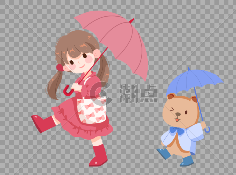 雨季撑伞的女孩和小熊图片素材免费下载