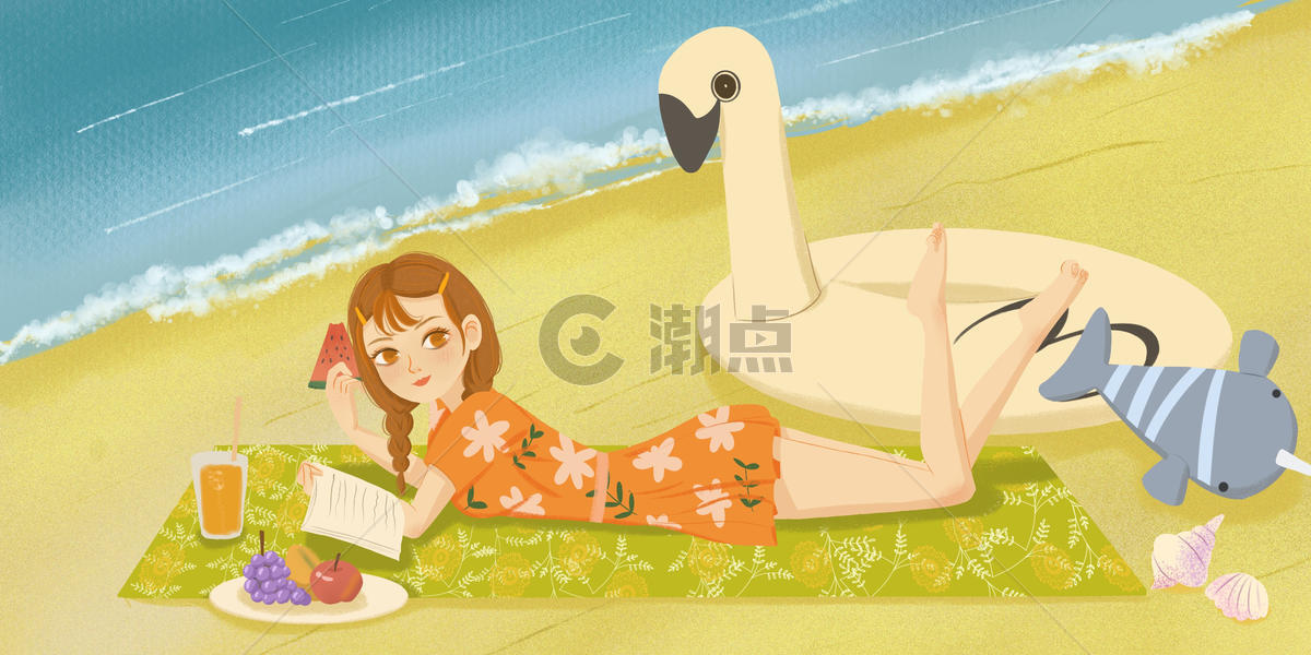 夏日海边沙滩女孩暑假旅游插画图片素材免费下载