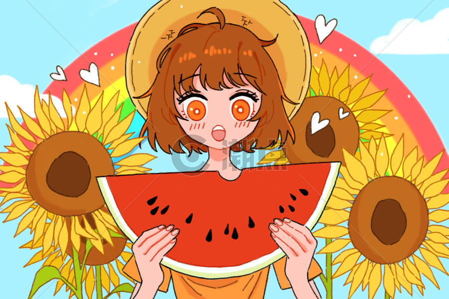 夏日吃西瓜少女插画图片素材免费下载