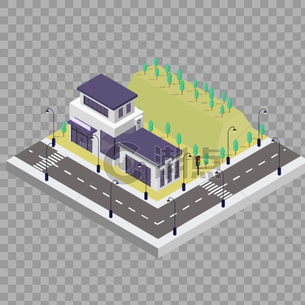 2.5D灰色房子绿色山坡插画图片素材免费下载