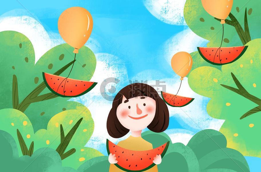 小清新手绘夏日吃西瓜插画图片素材免费下载