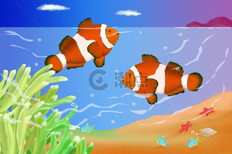在大海中游戏的小丑鱼图片素材免费下载