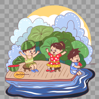 坐在河边吃瓜的孩子图片素材免费下载