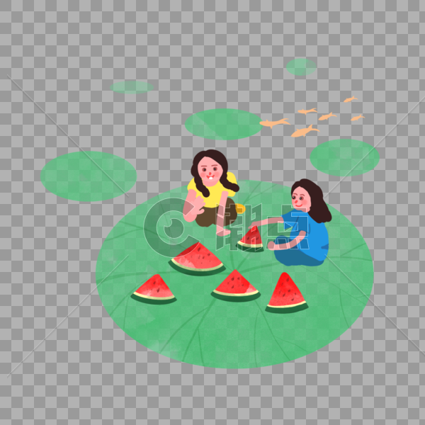 夏天荷叶池边吃西瓜图片素材免费下载