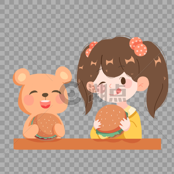 女孩和小熊吃汉堡图片素材免费下载