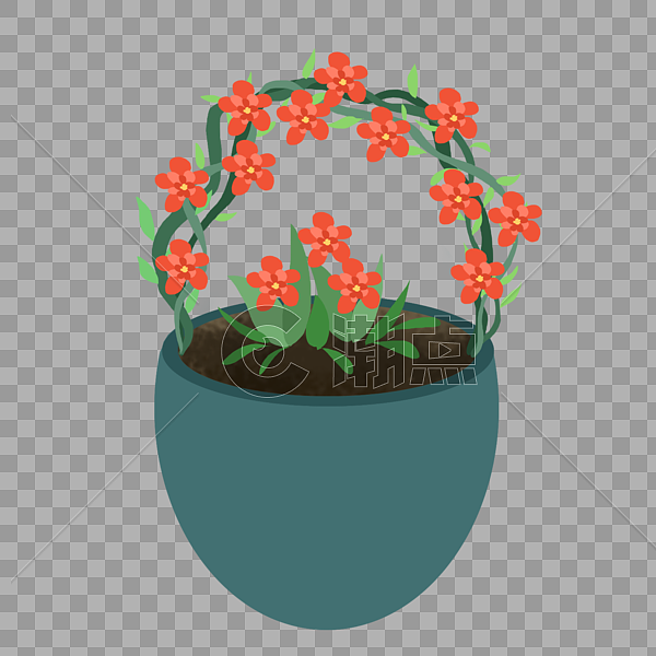 手绘红色花环盆栽元素图片素材免费下载