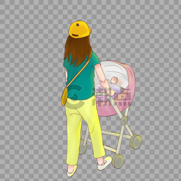 推着婴儿车的妈妈插画图片素材免费下载