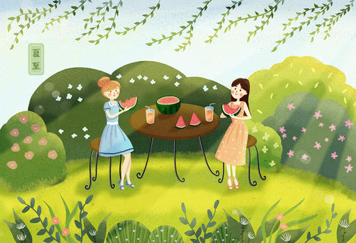 夏至两人在户外花园吃西瓜图片素材免费下载